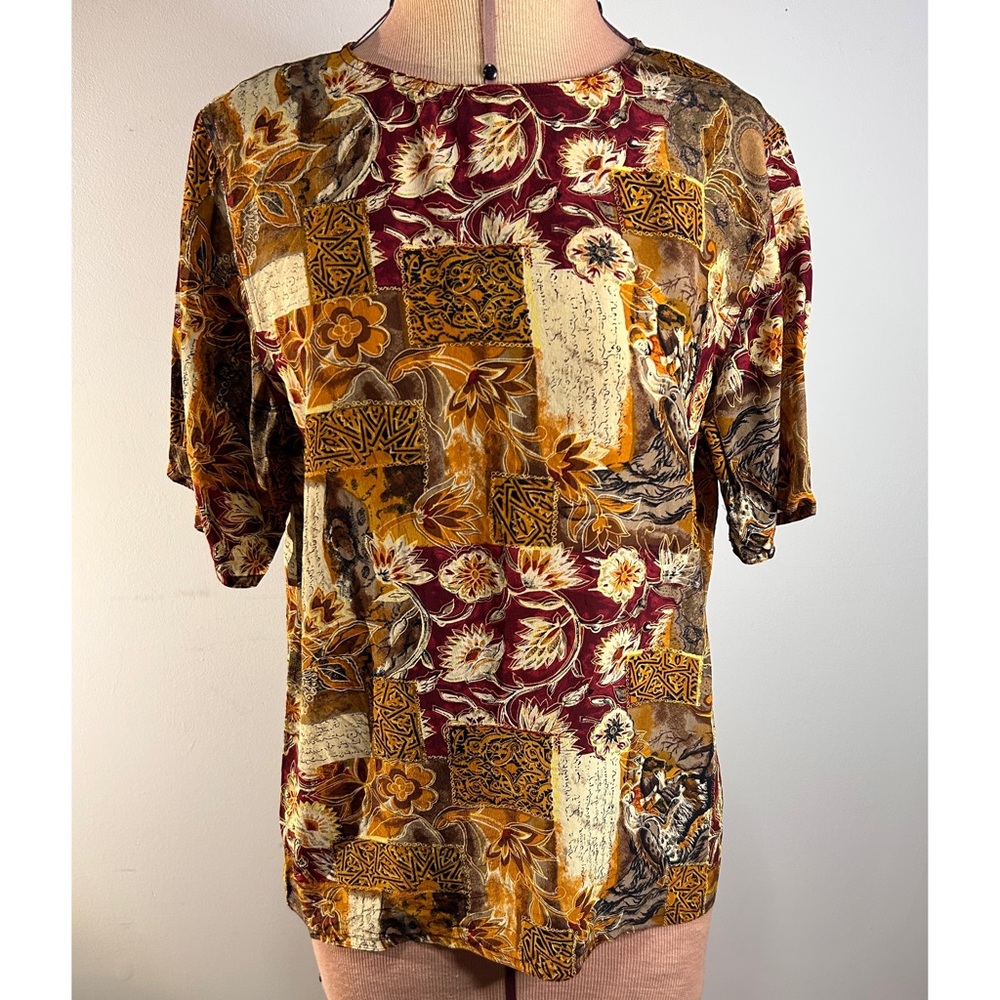 Vintage 100% Silk Tess Brand Autumn Print Blouse 1990s Size Small 🍁🍂